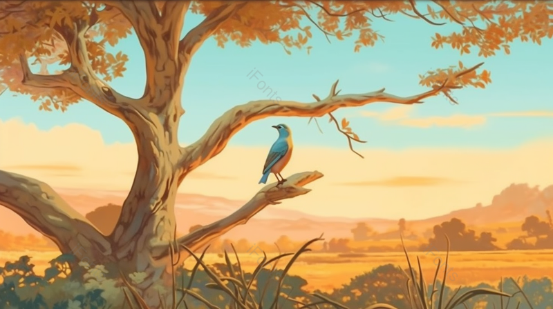 黄色夕阳萧瑟枯树黄叶小鸟秋景插画背景,插画/手绘图,插画/手绘图库,插画/手绘图下载,插画/手绘
